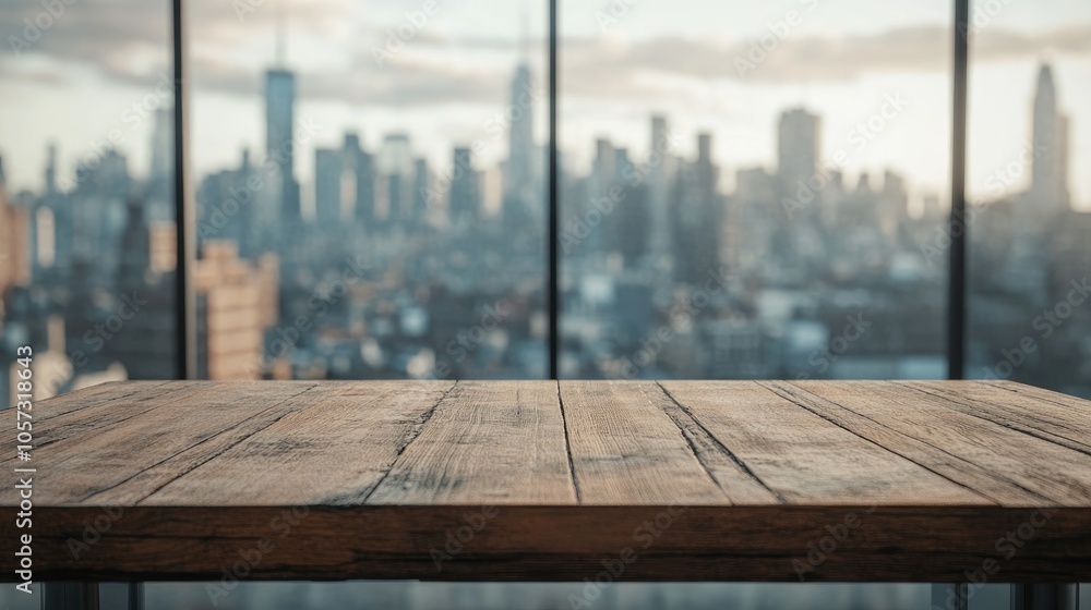 Poster an empty wooden table offers a perfect setting for showcasing your product with a city view visible 