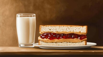 A delicious peanut butter and jelly sandwich accompanied by a glass of milk, emphasizing the simplicity and comfort of a timeless snack favorite.
