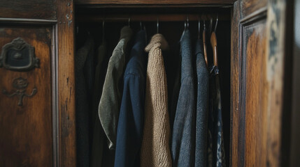 A slightly ajar vintage wooden door reveals an assortment of neatly hung clothes in a cozy room setting during the day