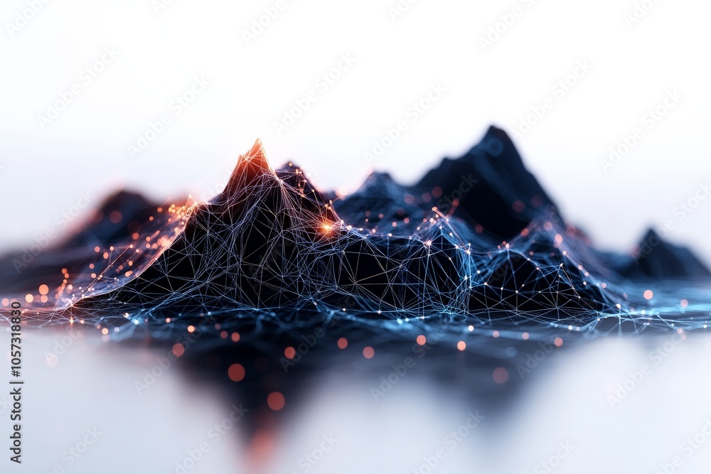 Poster a digital abstract network of interconnected peaks with glowing points, illustrating connectivity an