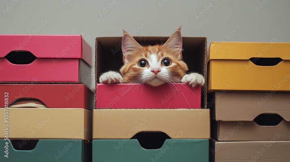 Poster a playful cat hiding in a stack of folded shoe boxes with only its hind legs tail and underside visi