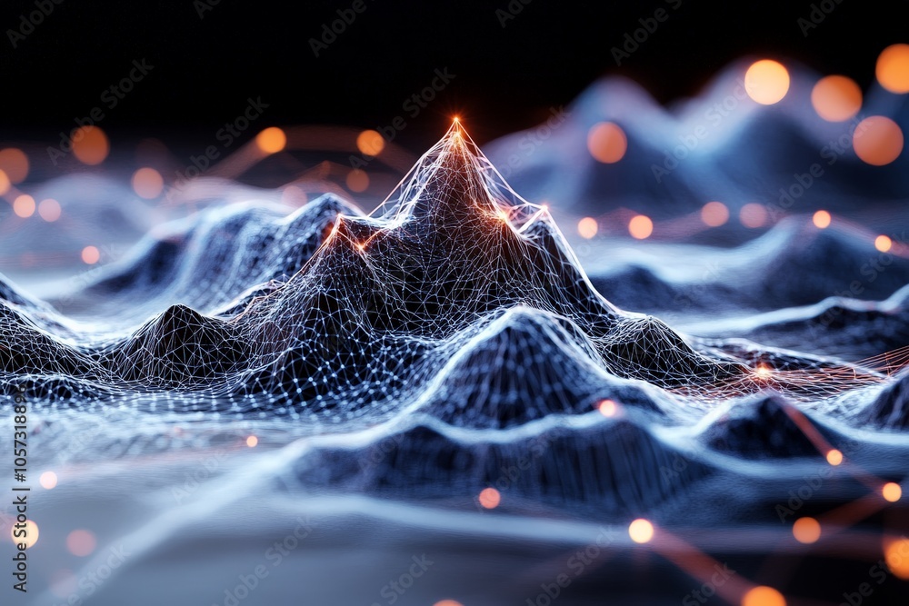 Poster a digitally rendered mountain range with mesh and glowing dots, evoking a sense of connectivity and 