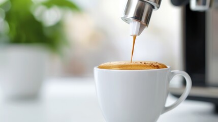 Fresh espresso pours from a coffee machine into a white cup, surrounded by greenery, showcasing the rich crema on top.