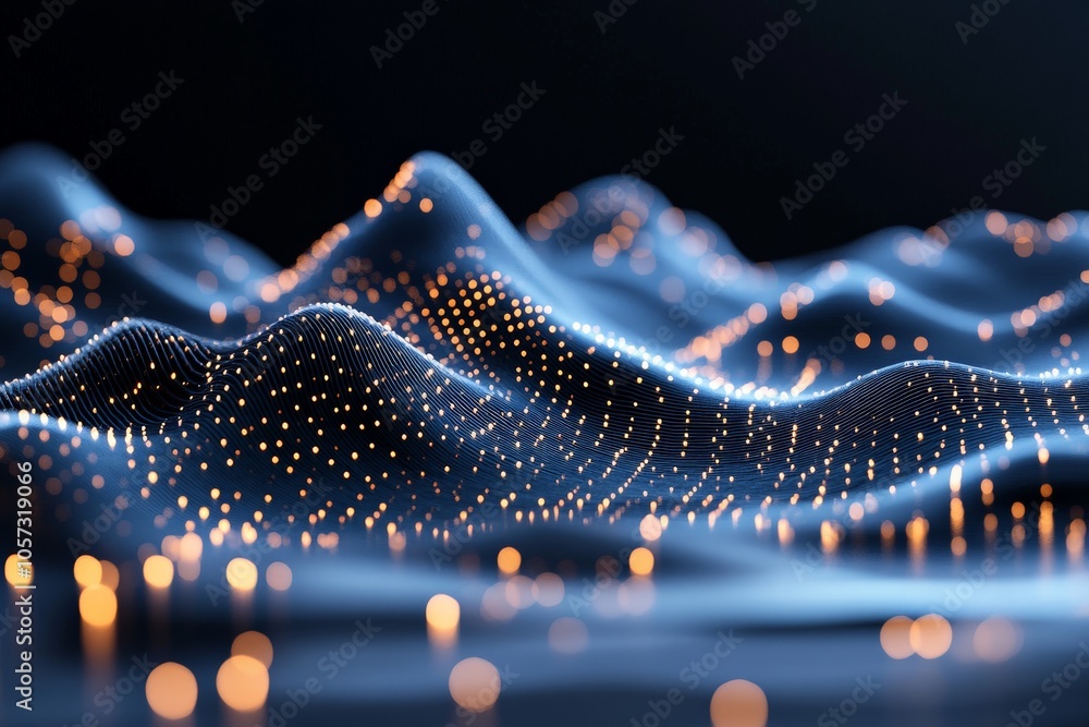 Poster an abstract digital landscape with a wave-like pattern of light dots, gracefully flowing and capturi