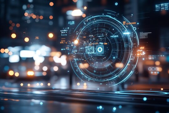 A sleek digital HUD interface with a glowing circular design, representing modern technological advancement and data-driven innovation in a cyber setting.
