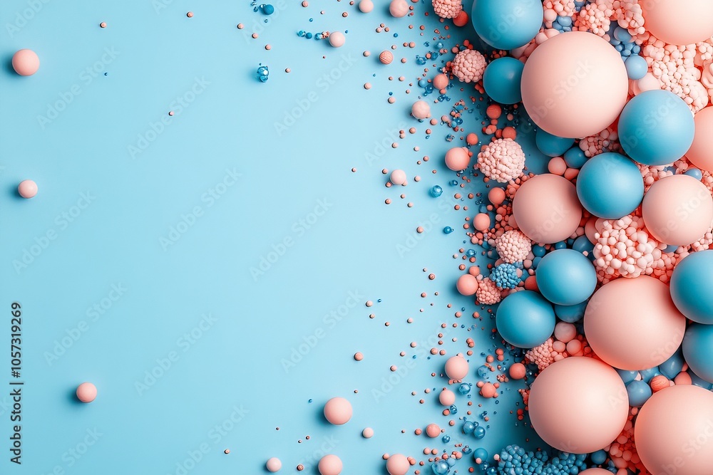 Poster a collection of abstract blue and pink spheres with mixed particles, symbolizing creative exploratio