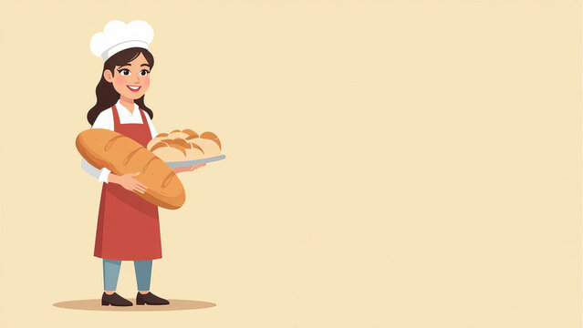 Smiling woman baker in uniform, big fresh baked bread in hands, white baker cap, copy space.
