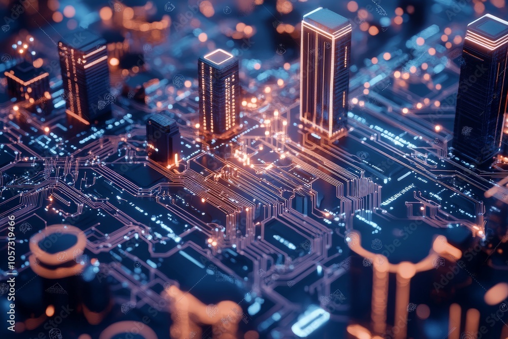 Poster an intricate urban network depicted as a glowing circuit board, representing the interconnected natu