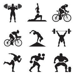 A collection of silhouettes depicting individuals engaged in various sports activities,