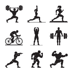 A collection of silhouettes depicting individuals engaged in various sports activities,