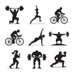 A collection of silhouettes depicting individuals engaged in various sports activities,