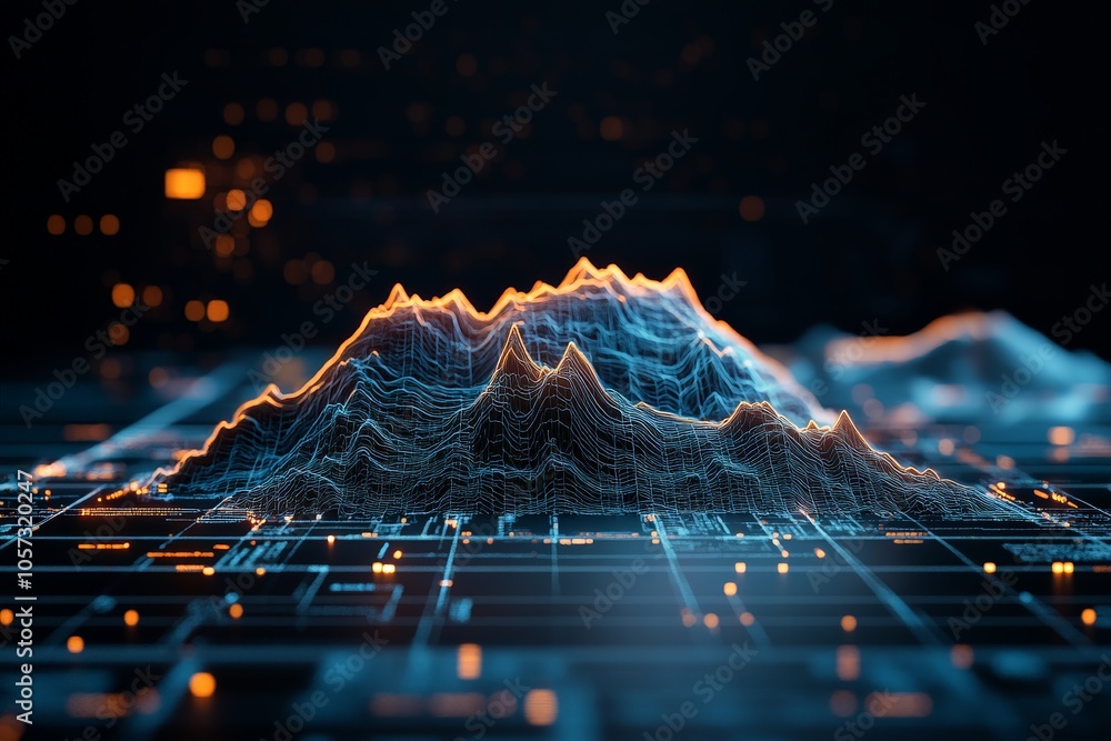 Poster an abstract representation of data visualization featuring glowing mountain peaks and curves, symbol