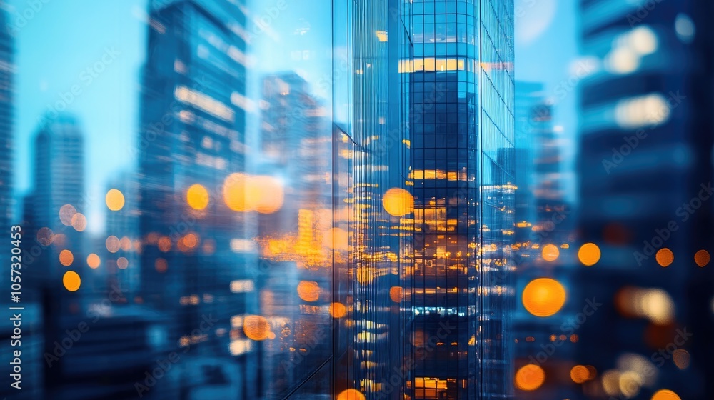 Poster abstract skyline view of an urban landscape featuring a modern office building illuminated by mornin