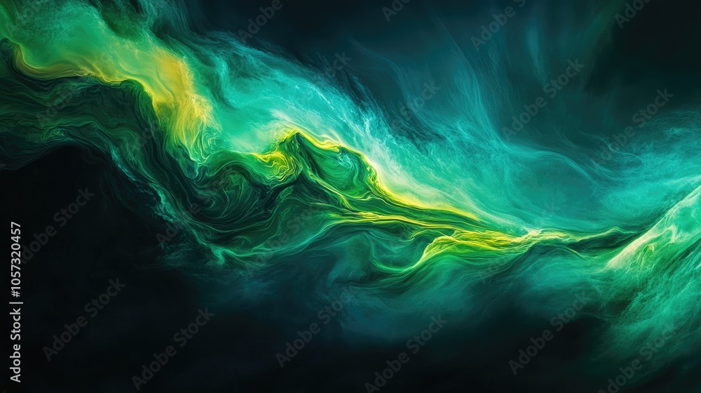 Poster abstract green and blue wave swirls on a dark background creating a fluid art marble effect texture
