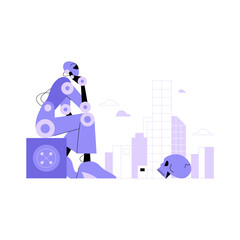 Robot Sitting In Urban Setting With Human Skull In Flat Vector Illustration Symbolizing Artificial Intelligence, Contemplation, And Futuristic Vision, Isolated On White Background