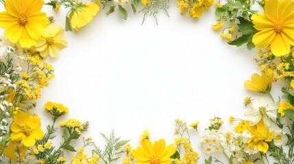 Assorted yellow flower wreath on a white background symbolizing spring and summer featuring space for text in an overhead perspective