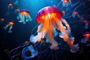 Naklejka premium Vibrant orange and purple jellyfish illuminated underwater in a deep blue sea, Ai Generation