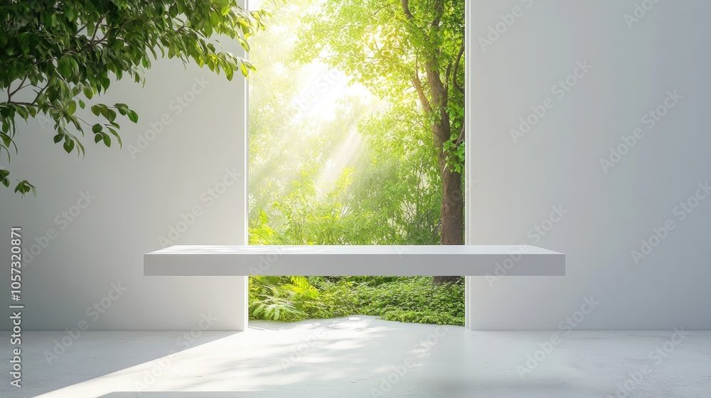 Poster a pristine white table is positioned centrally with a lush tree visible through the door creating a 