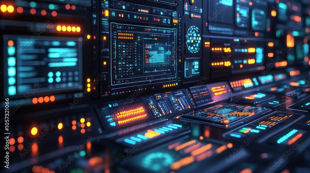 Poster futuristic control panel with vibrant displays and interfaces.