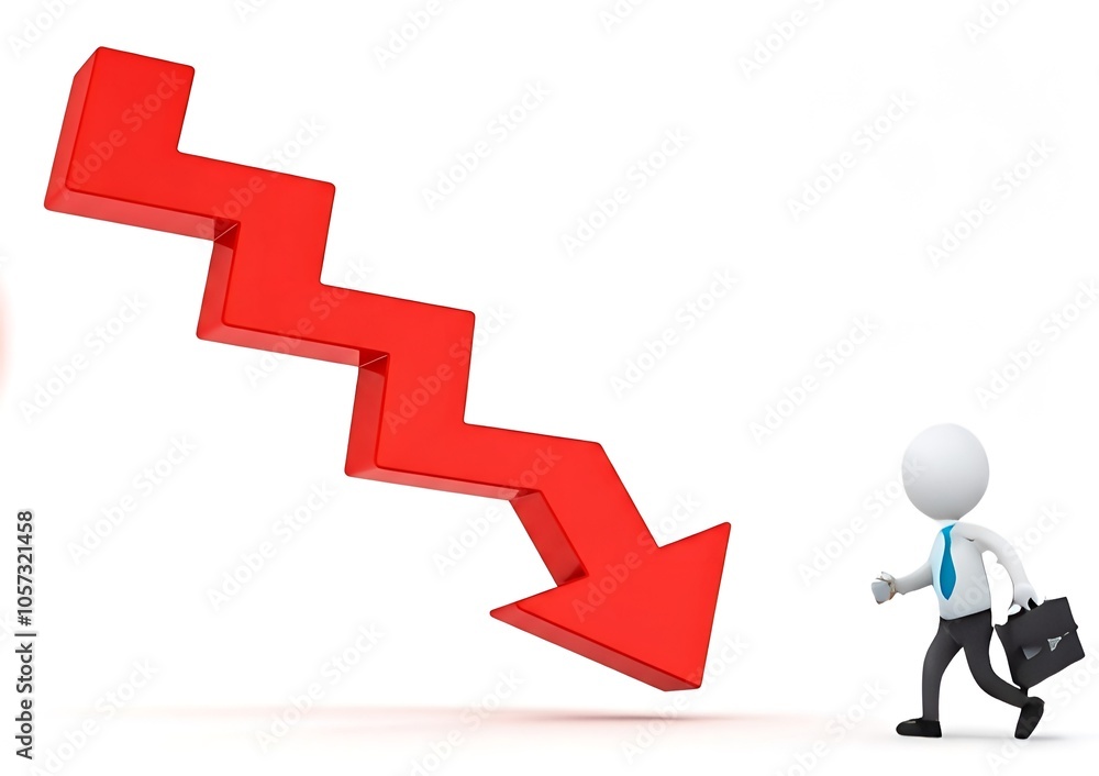 Poster 3d figure with briefcase walking beside large downward-pointing red arrow.