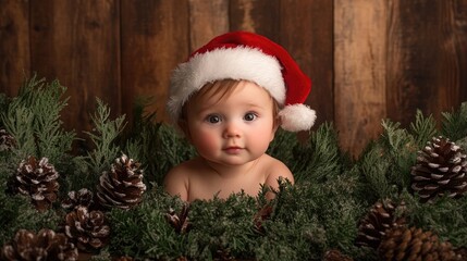 A baby in a Santa hat gazes curiously at the camera surrounded by festive greenery and pinecones radiating a warm holiday spirit