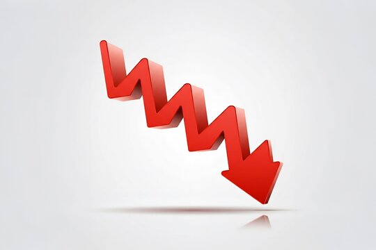 3D red arrow trending downwards on a white background, symbolizing decrease or decline.