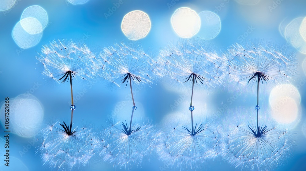 Poster abstract blue background featuring dandelion seed reflections on a mirrored surface enhanced by spar