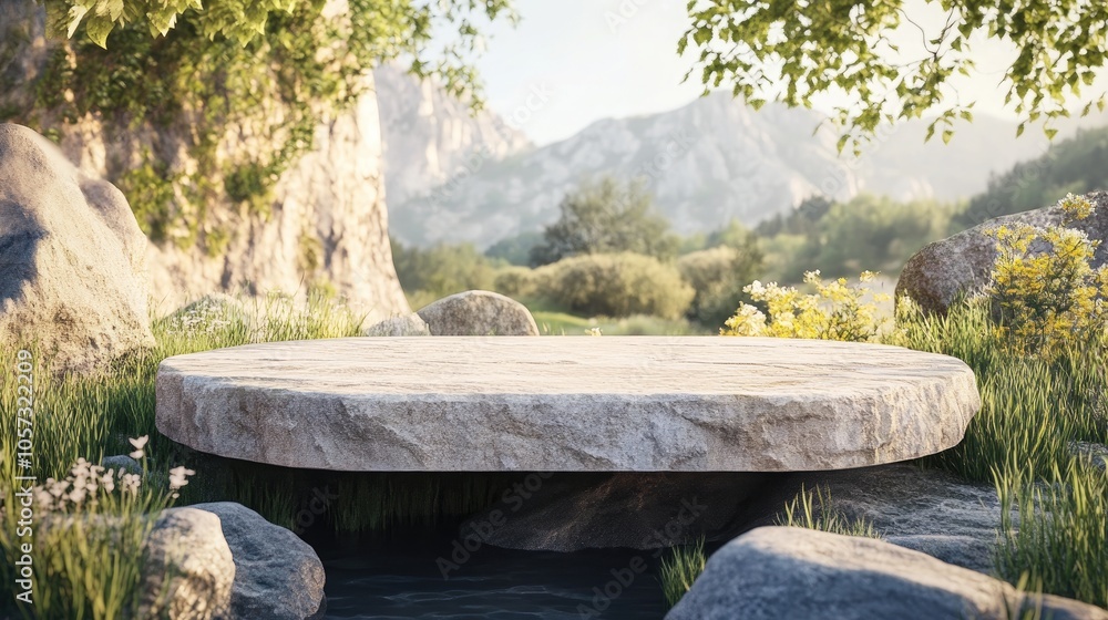 Poster 3d illustration of an empty stone podium in a natural setting designed as a display stage for showca