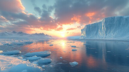 Fototapeta premium Serene sunset over icy landscape with floating icebergs.