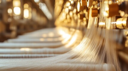 A close-up of silk threads being processed in a textile factory,