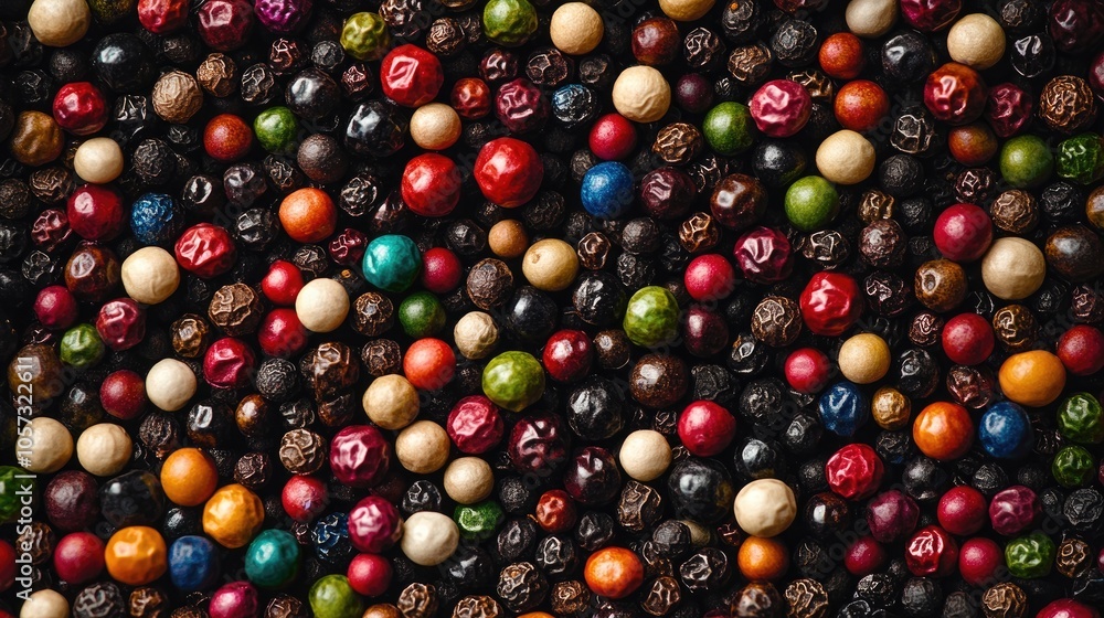 Poster assorted peppercorns in a vibrant array of colors viewed from above