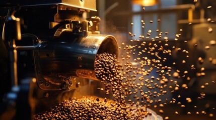 A coffee roaster pouring beans into the machine,