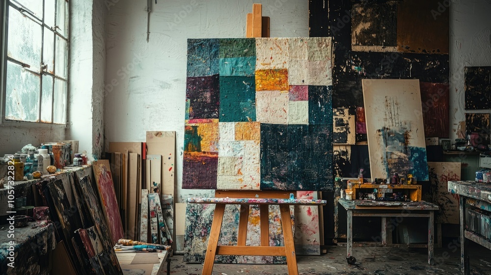 Aufkleber a patchwork canvas set on an easel made from an assortment of fabric pieces in an artistic workspace