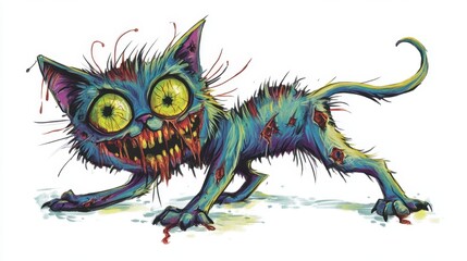 Naklejka premium A playful zombie kitten with one eye missing and a cheerful demeanor, illustrated in vibrant colors, isolated on a bright white backdrop.