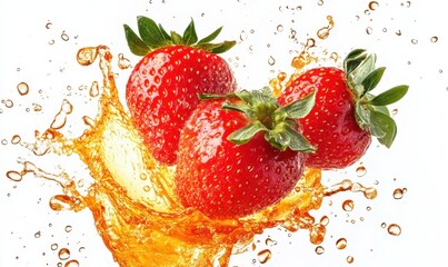 strawberry fruit in a splash of juice with drops fly on air on white background