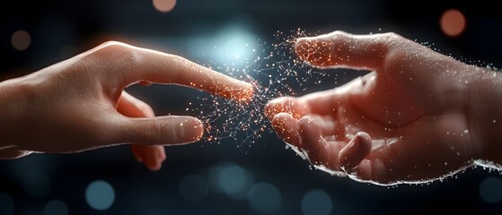 Fototapeta premium Digital artwork depicting the interconnection between human and robotic hands symbolized by holographic data symbols glowing between them
