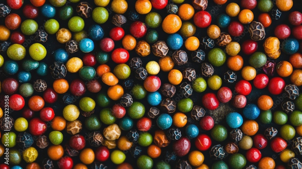 Poster assorted peppercorns in a vibrant array of colors viewed from above
