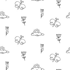 Seamless doodle spring pattern. Outline blossom, butterfly, cloud, ladybug illustration background