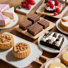 Various desserts on a wooden table