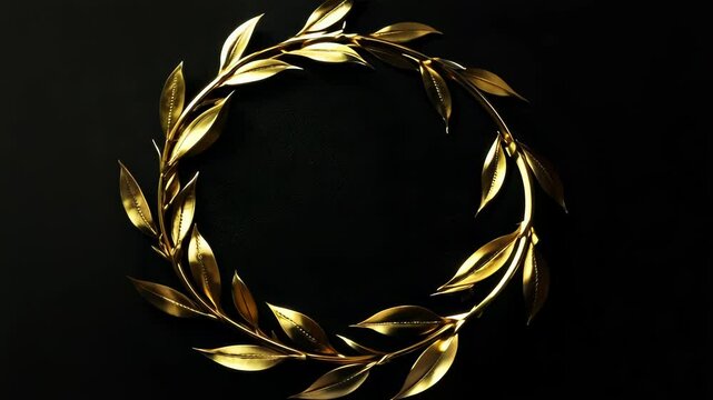 Golden reflective rotating laurel wreath. Triumph winner success symbol. Victory ceremony template. Luxury gold emblem motion graphics. Royal achievement golden branches. Competition award mockup.