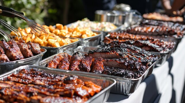 BBQ Buffet with Grilled Meats: Smoky, mouth-watering BBQ catering setup with grilled meats, sides, and sauces. --ar 16:9 --quality 2 --v 6.1 Job ID: ecb5b700-f20d-4af1-9b7f-2deb5e3b0692