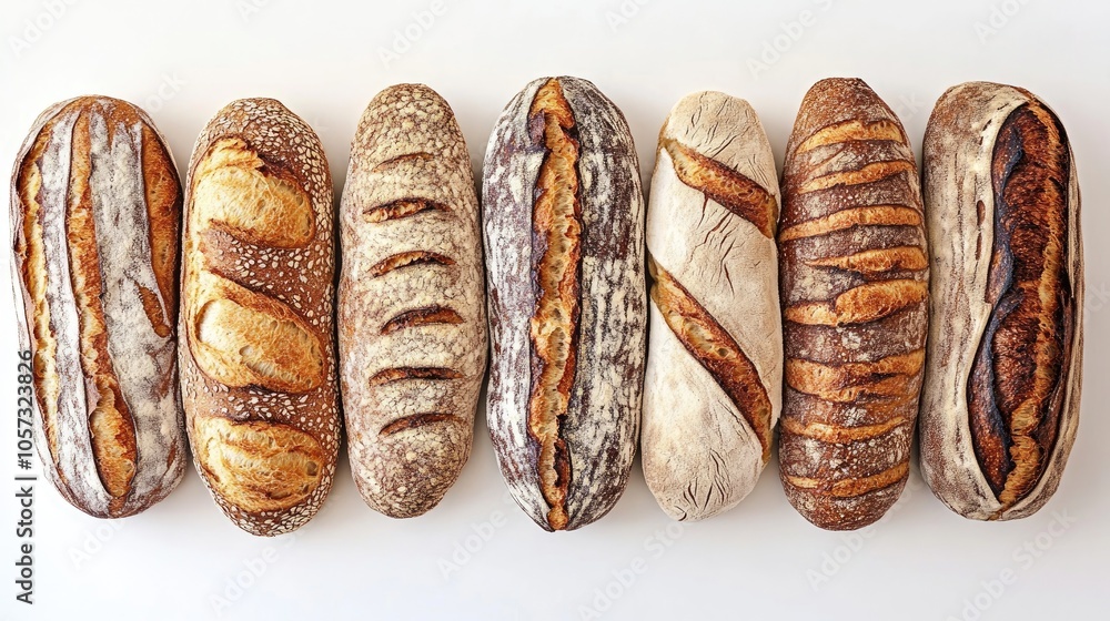 Poster assorted artisan bread loaves lined up highlighting their unique textures and crusts embodying the e