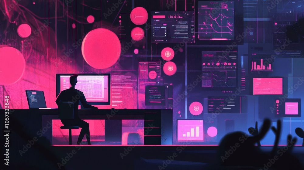 Poster a professional web developer working on a project using creative cloud software, showcasing a modern