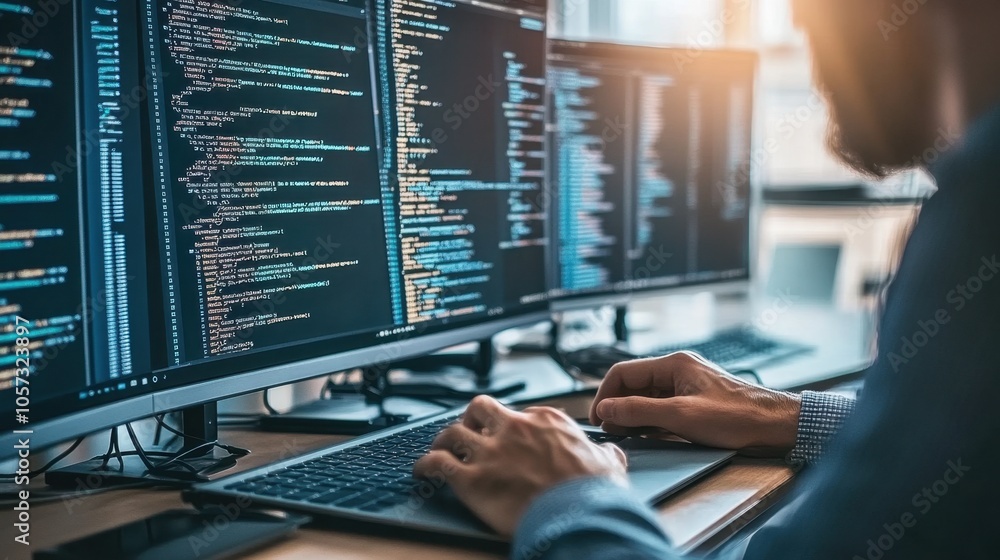 Poster a professional web developer working on a project using creative cloud software, showcasing a modern
