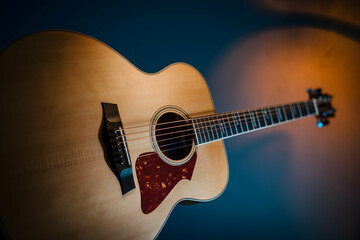 Fototapeta premium Closeup guitar with intricate design, warm lighting, evoking artistic ambiance