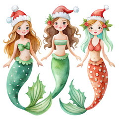set of Clipart Full Figure Watercolor Mermaid Big Eyes on transparent background