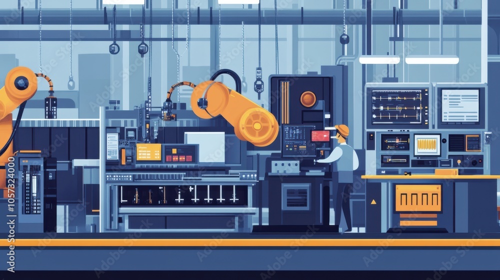 Poster a factory floor where engineers are integrating new machinery