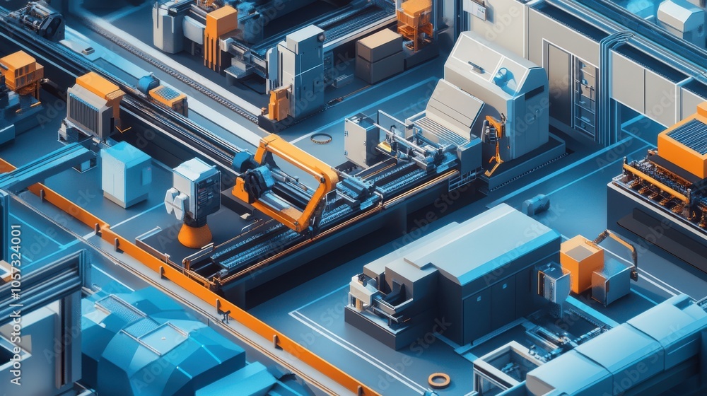 Poster a factory floor where engineers are integrating new machinery