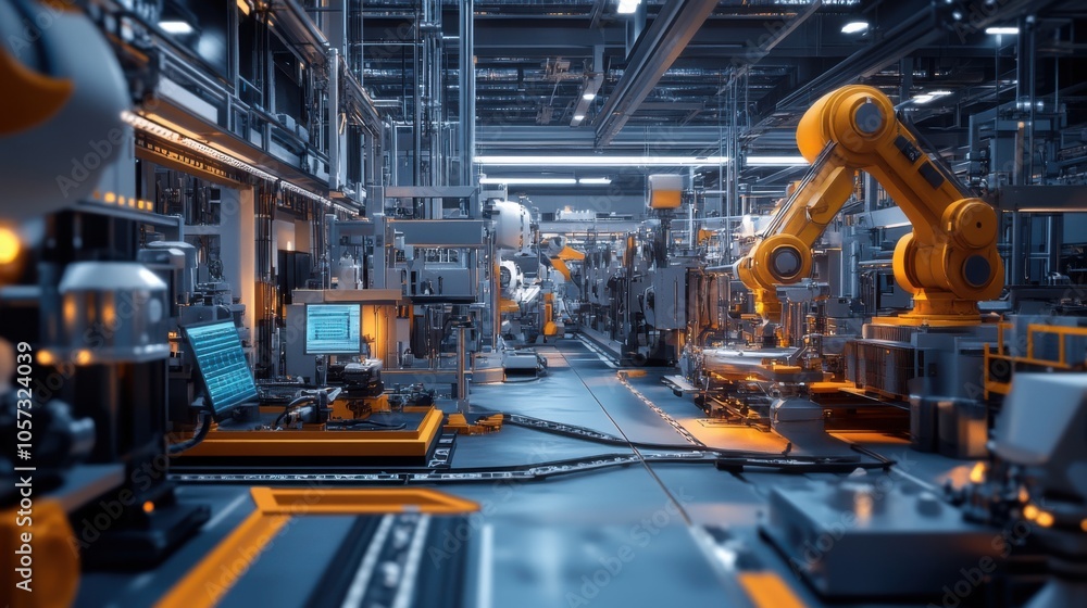 Poster a factory floor where engineers are integrating new machinery