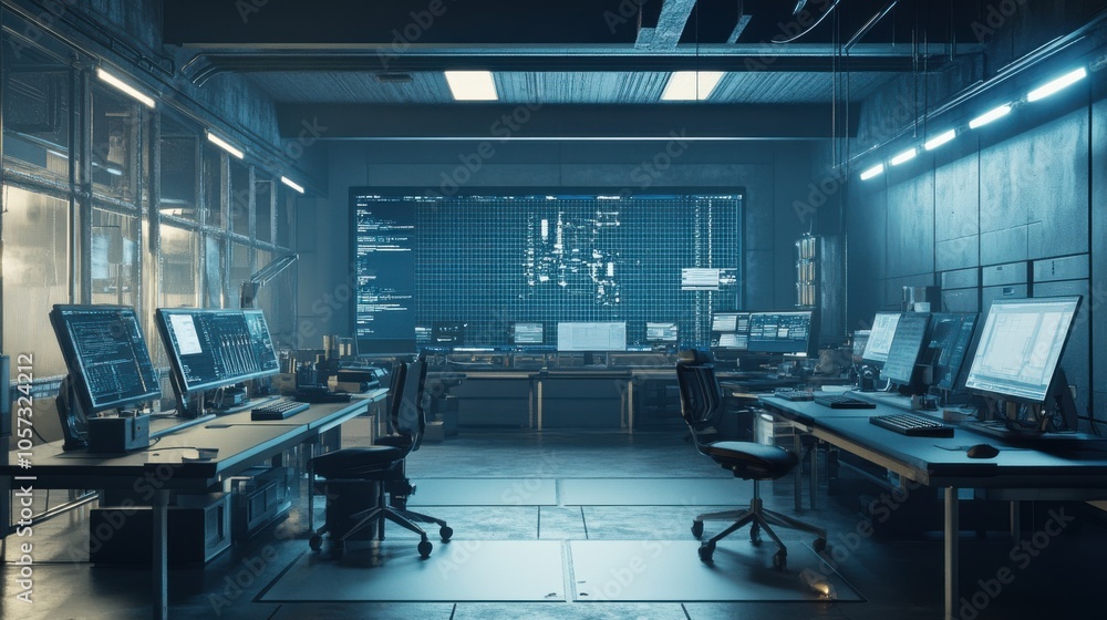 Poster a factory setting where engineers rely on advanced computer